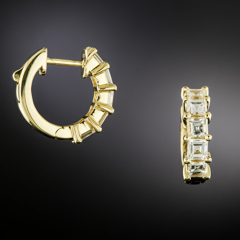 Estate 18K Square-Cut Diamond Half-Hoop Earrings - 4