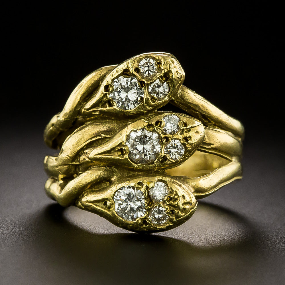 Estate 18K Triple Diamond-Headed Snake Ring - 2