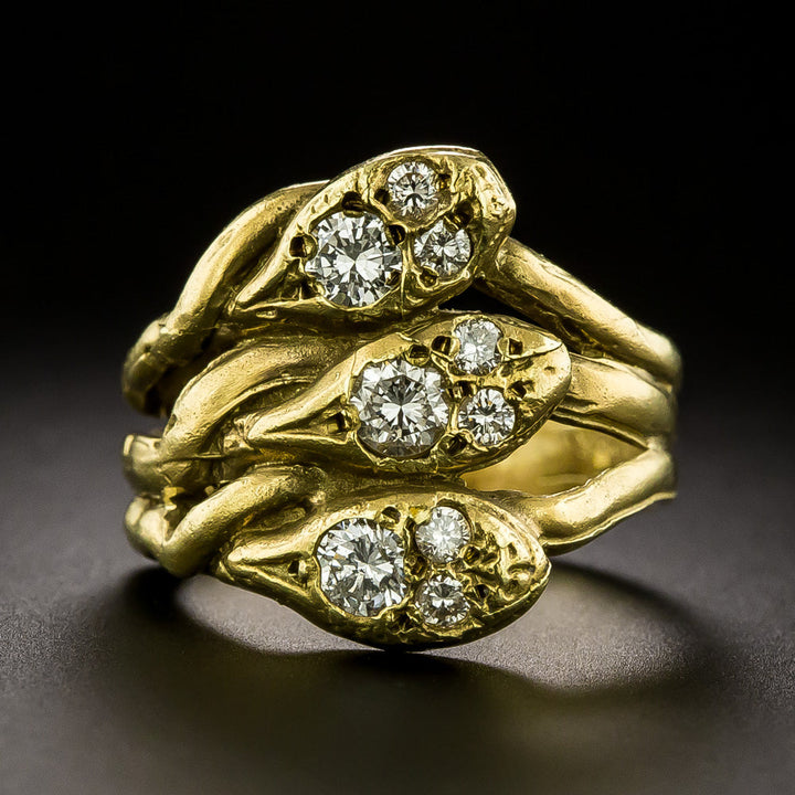 Estate 18K Triple Diamond-Headed Snake Ring