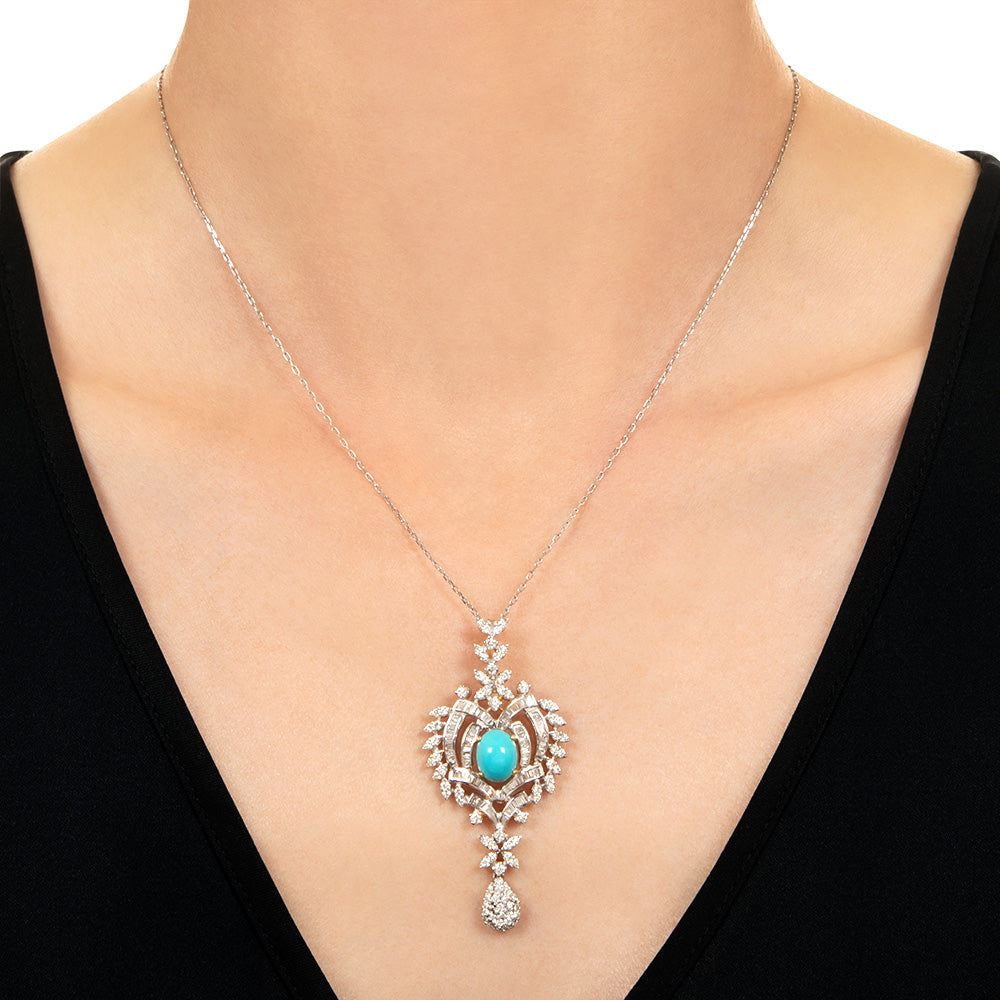 Estate 18K Turquoise and Diamond Pendant - 3
