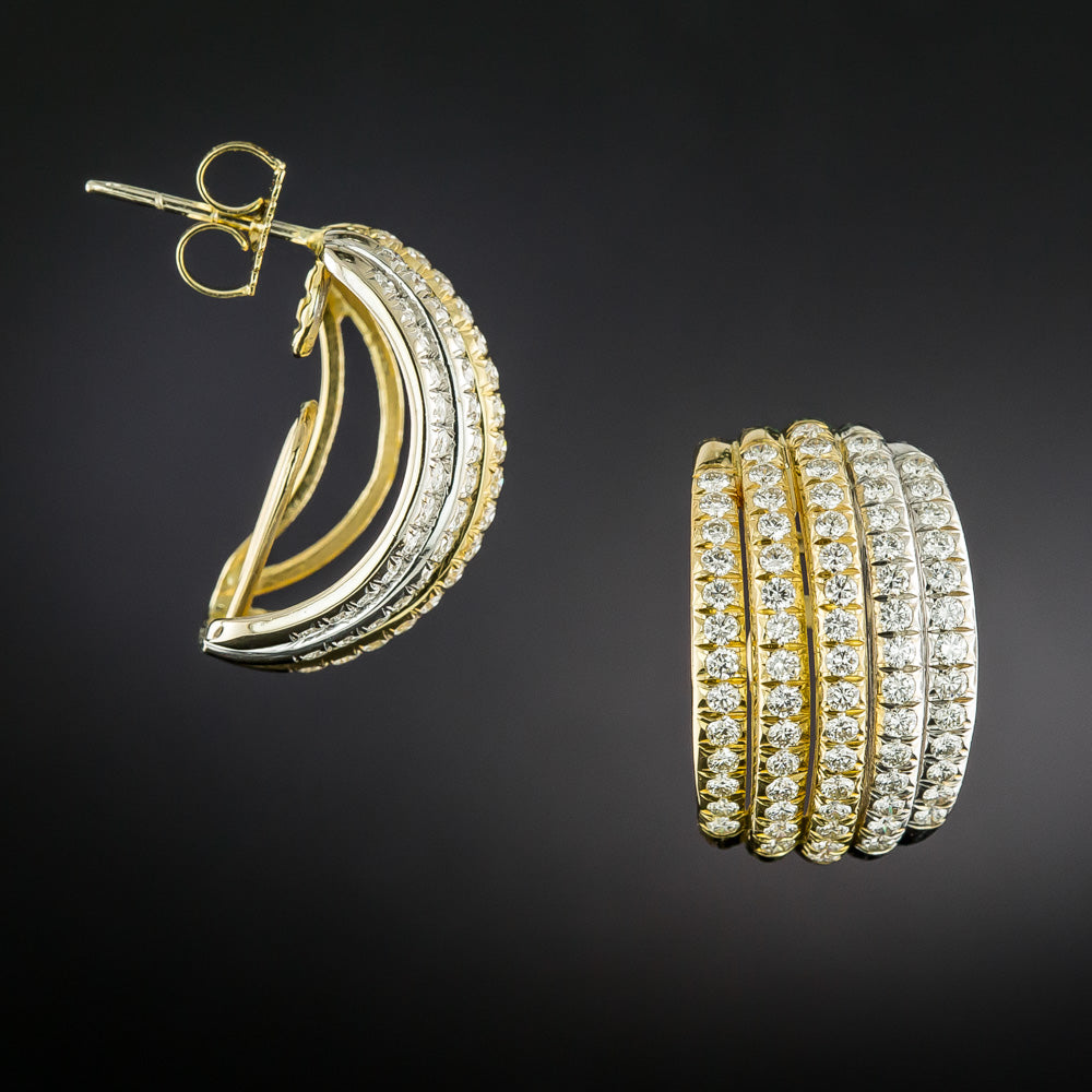 Estate 18K Two-Tone Gold Diamond Hoop Earrings - 3