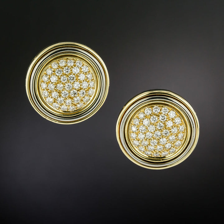 Estate 18K Two-Tone Pavé Diamond Dome Clip Earrings