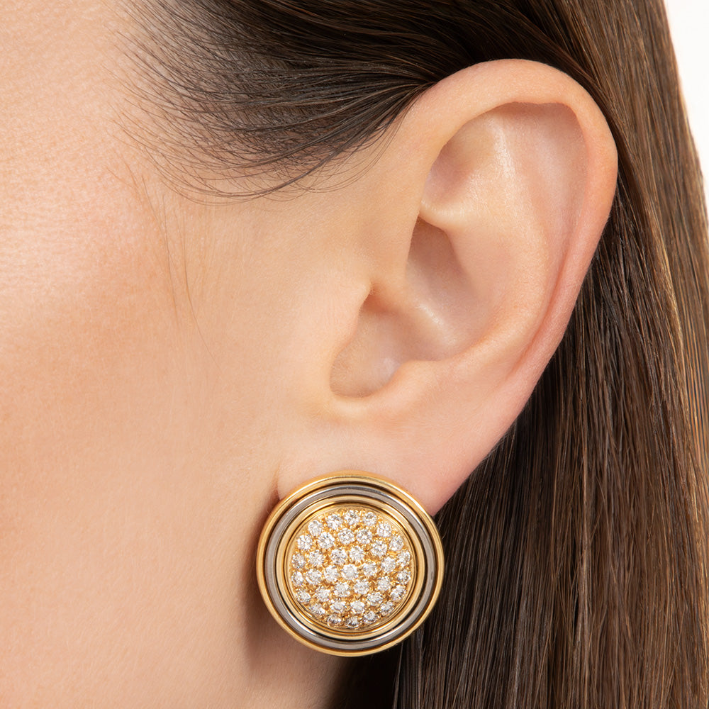 Estate 18K Two-Tone Pavé Diamond Dome Clip Earrings - 5