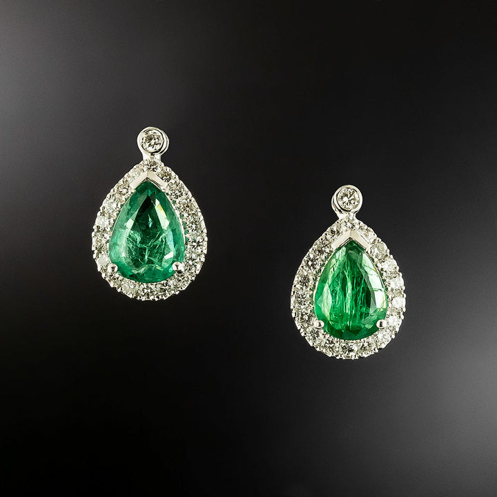 Estate 18K Zambian Emerald and Diamond Earrings - GIA