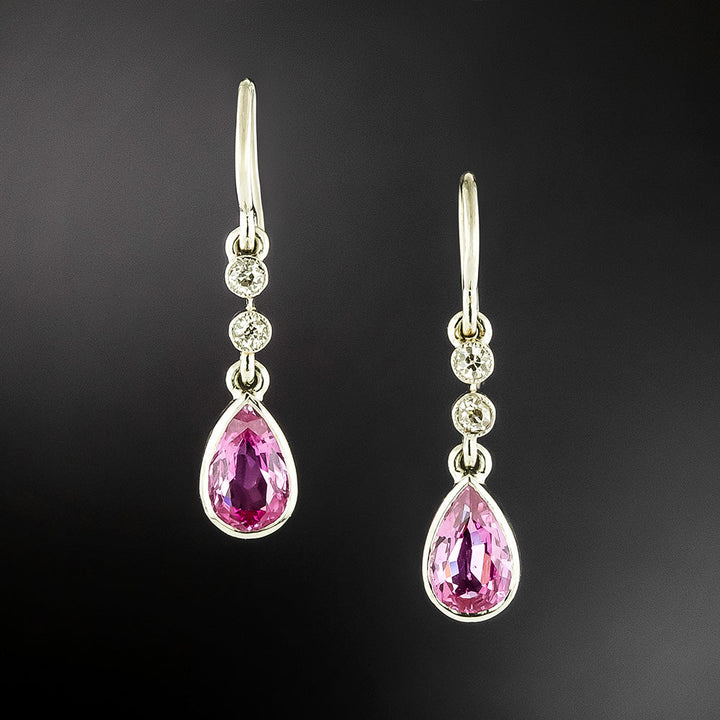 Estate 2.09 Carat Total Weight Pink Sapphire and Diamond Dangle Earrings - GIA