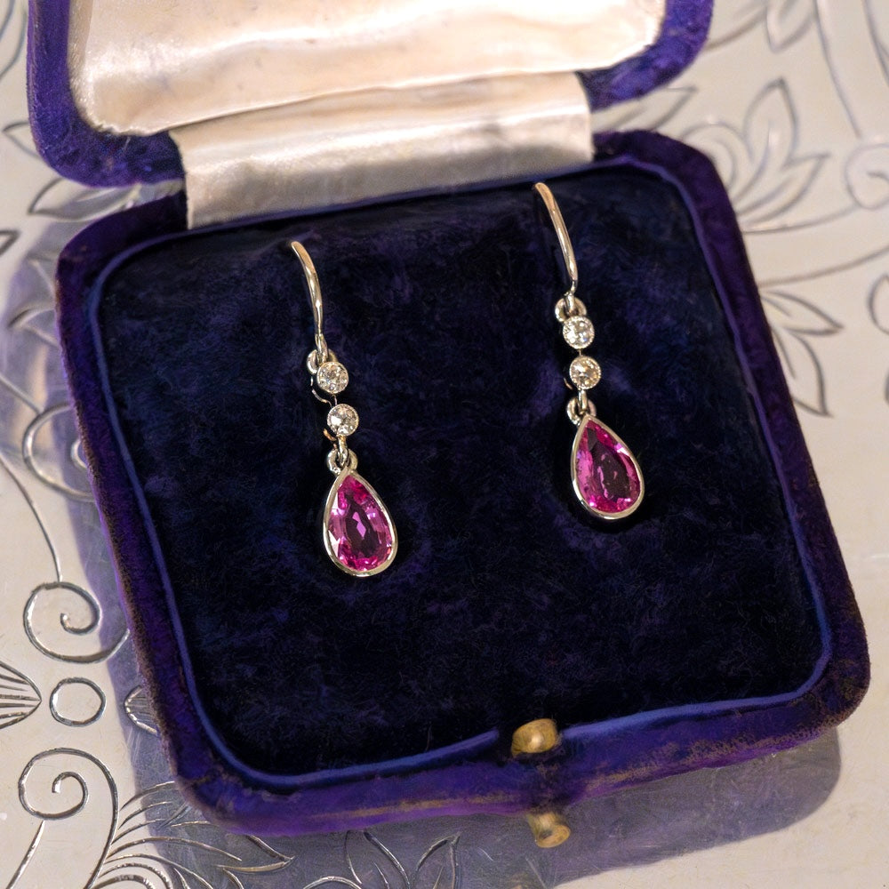 Estate 2.09 Carat Total Weight Pink Sapphire and Diamond Dangle Earrings - GIA - 6