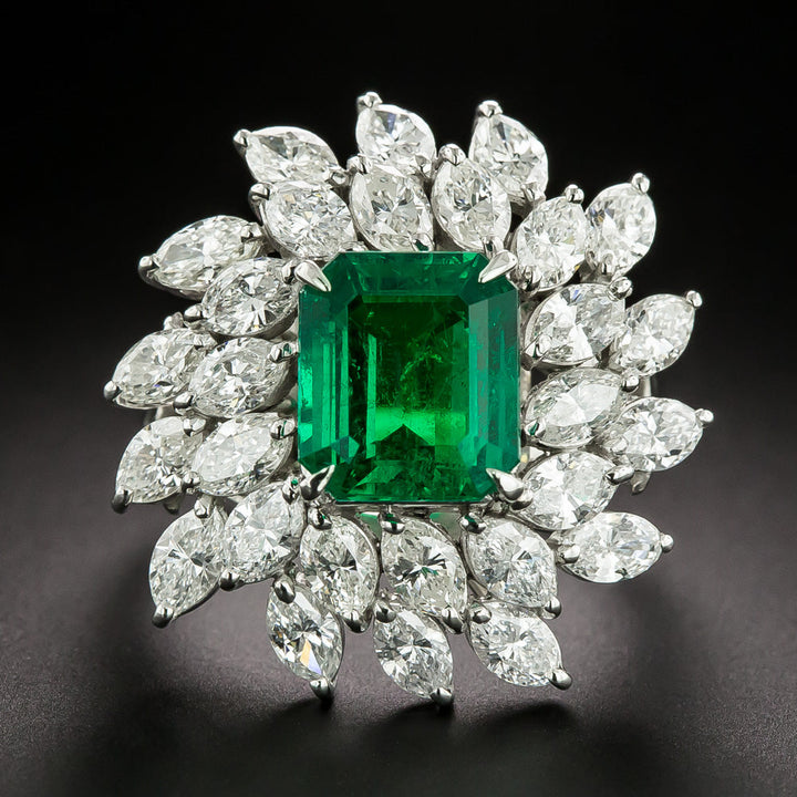 Estate 2.94 Carat Emerald And Marquise Diamond Ring - GIA F1