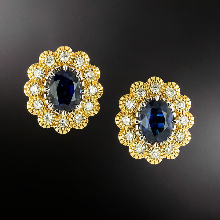 Estate 3.16 Carat Total Weight Sapphire and Diamond Halo Earrings - GIA
