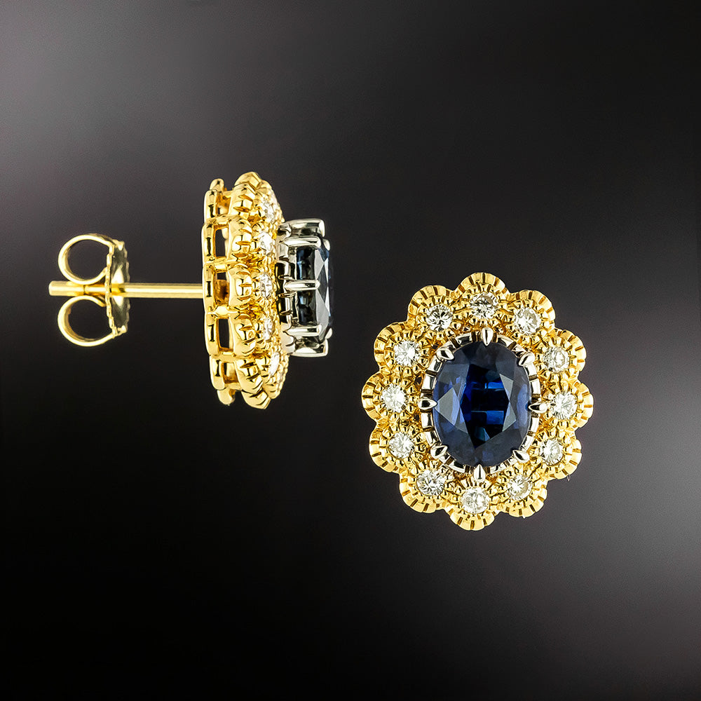 Estate 3.16 Carat Total Weight Sapphire and Diamond Halo Earrings - GIA - 3
