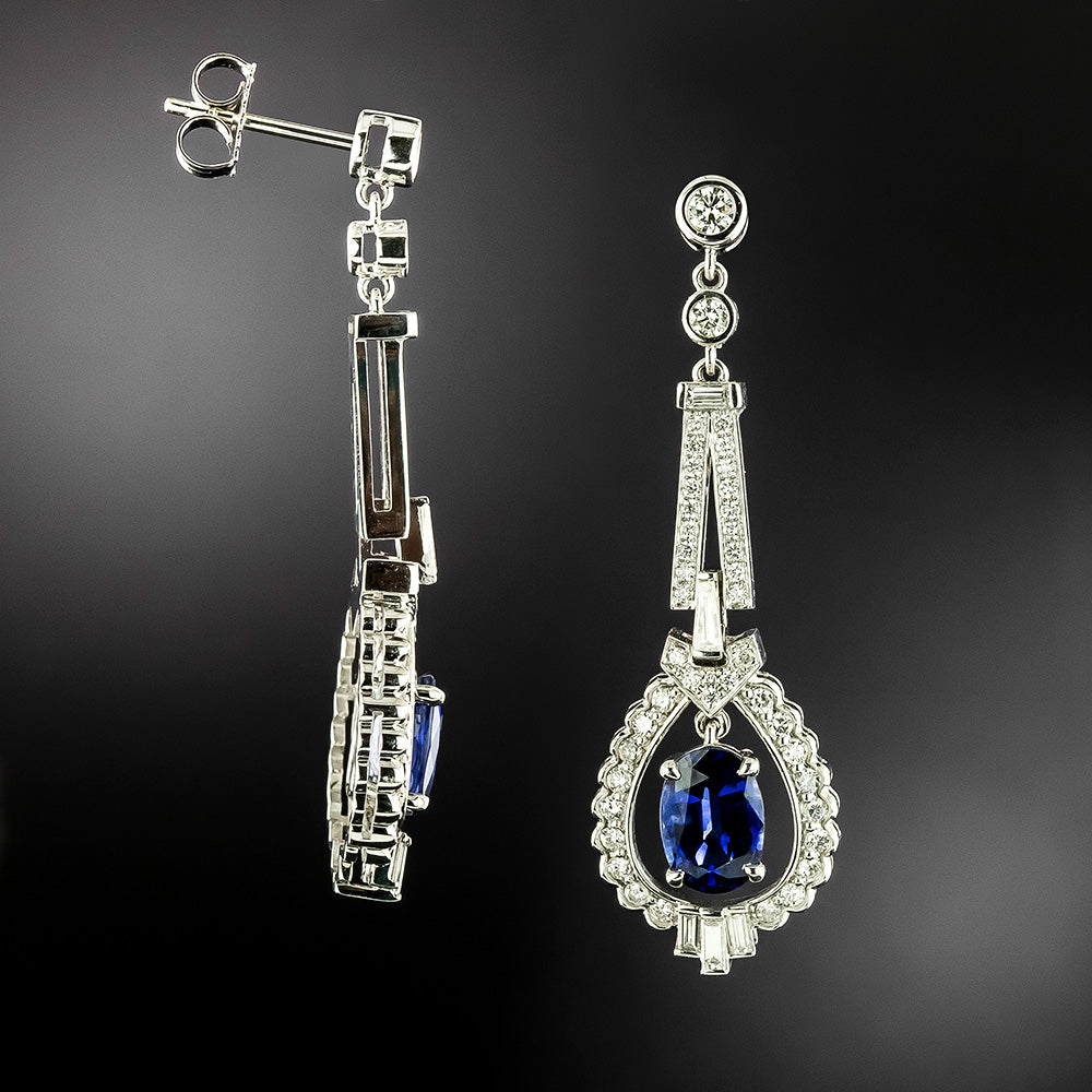 Estate 3.46 Carat tw Sapphire and Diamond Dangle Earrings - GIA - 3