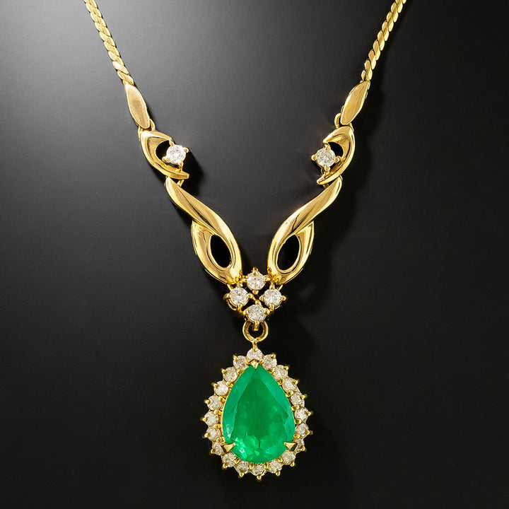 Estate 3.47 Carat Colombian Emerald and Diamond 18K Necklace - GIA