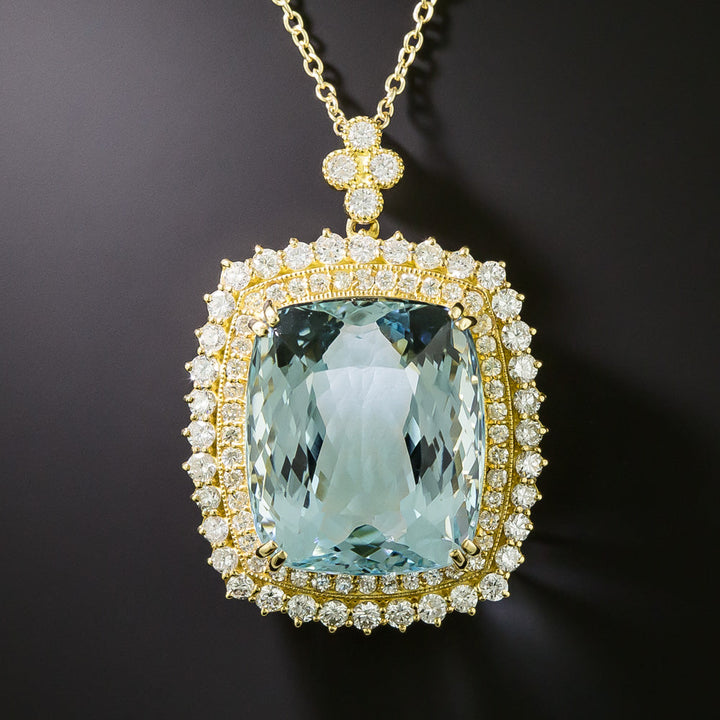 Estate 35.35 Carat Aquamarine and Diamond 18K Pendant