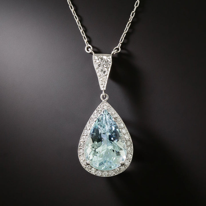 Estate 7.62 Carat Pear-Shaped Aquamarine and Diamond Necklace
