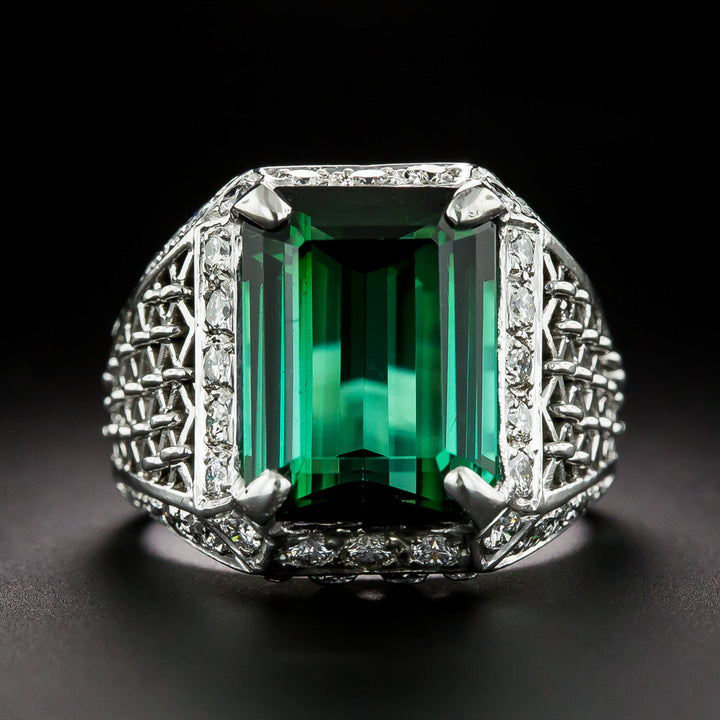 Estate 8.33 Carat Tourmaline and Diamond Basket Weave Ring