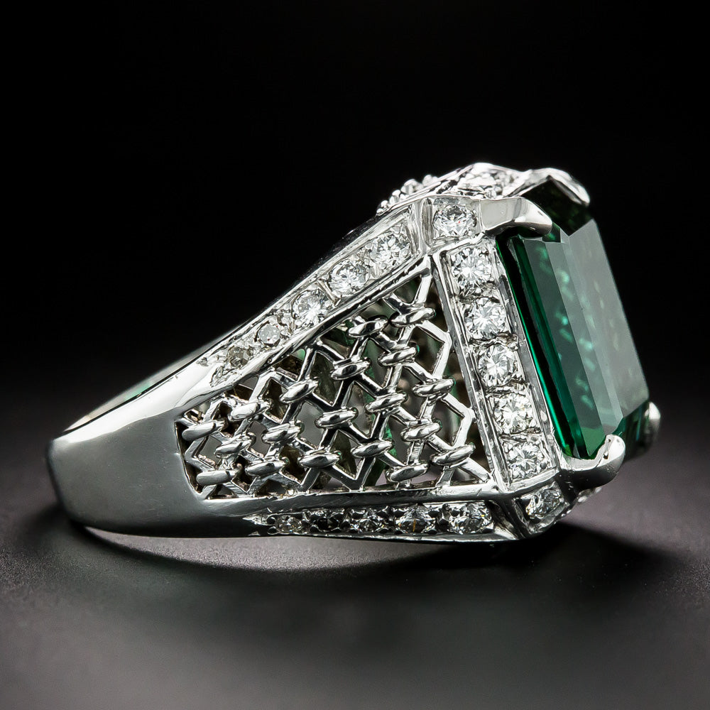 Estate 8.33 Carat Tourmaline and Diamond Basket Weave Ring - 4