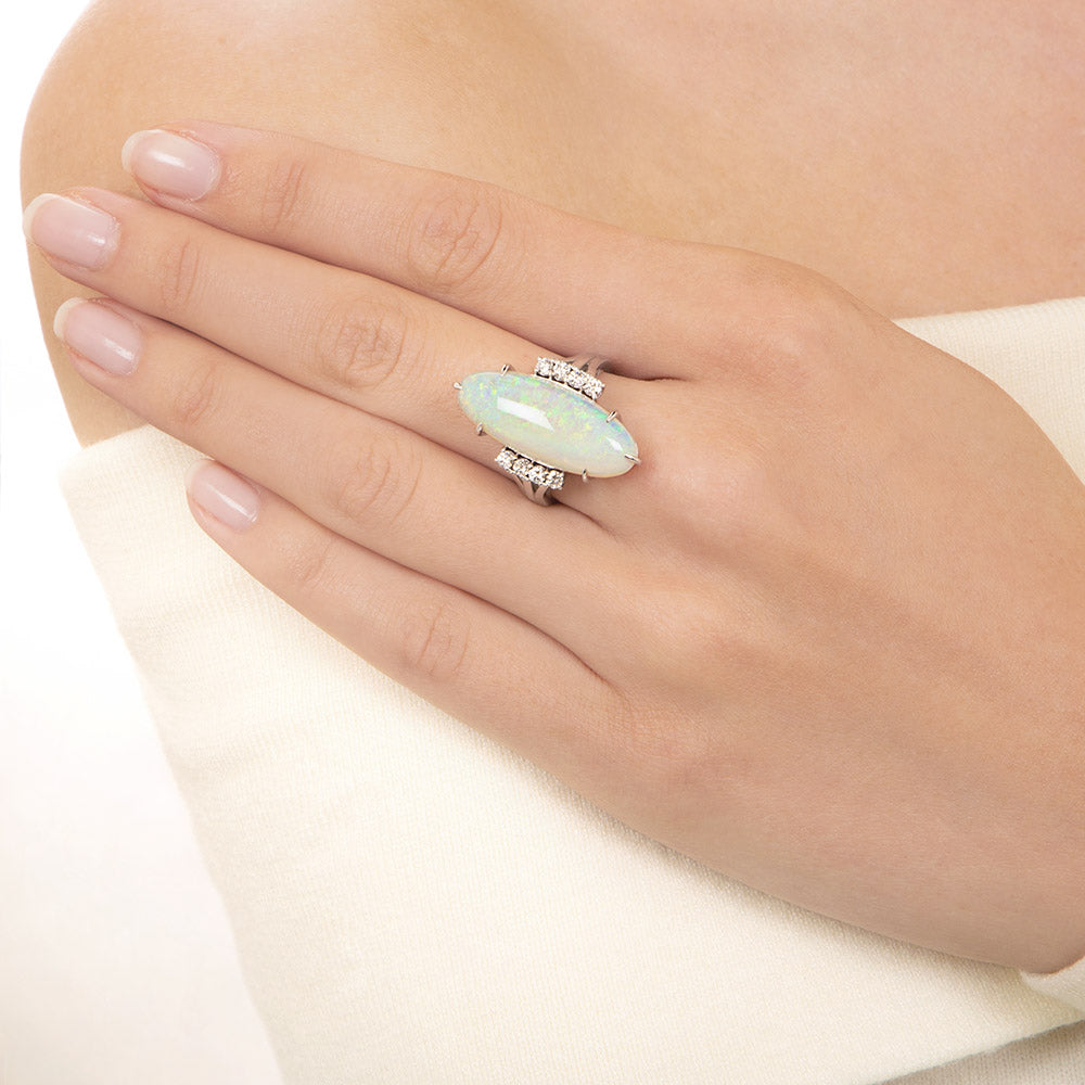 Estate 8.55 Carat Elongated Oval Opal and Diamond Ring - 3