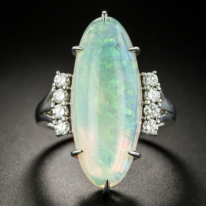 Estate 8.55 Carat Elongated Oval Opal and Diamond Ring