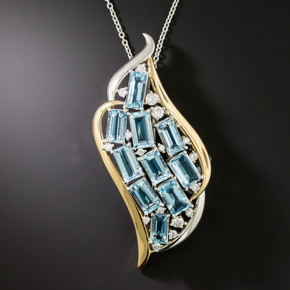 Estate Aquamarine and Diamond Wave Pendant/Brooch - 1