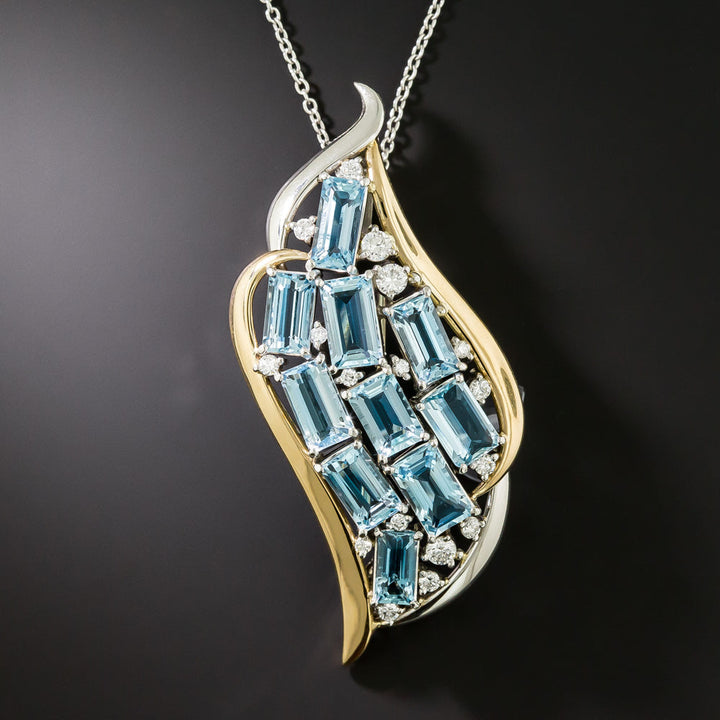 Estate Aquamarine and Diamond Wave Pendant/Brooch
