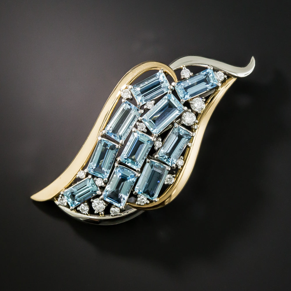 Estate Aquamarine and Diamond Wave Pendant/Brooch - 3