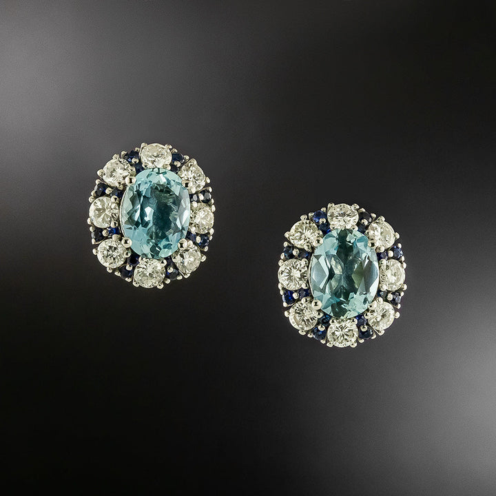 Estate Aquamarine, Diamond and Sapphire Stud Earrings
