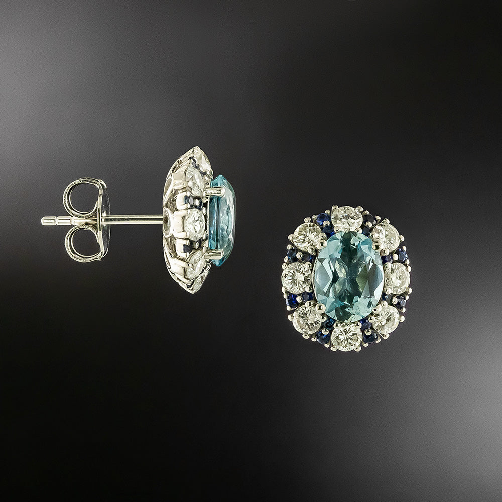 Estate Aquamarine, Diamond and Sapphire Stud Earrings  - 3