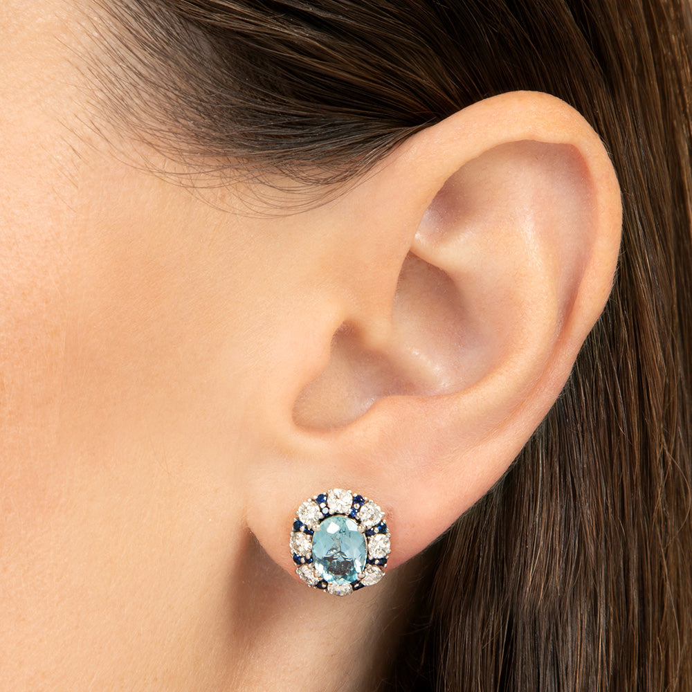 Estate Aquamarine, Diamond and Sapphire Stud Earrings  - 4