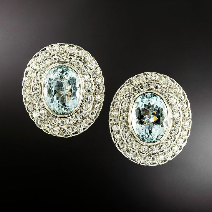 Estate Aquamarine with Double Diamond Halo Earrings