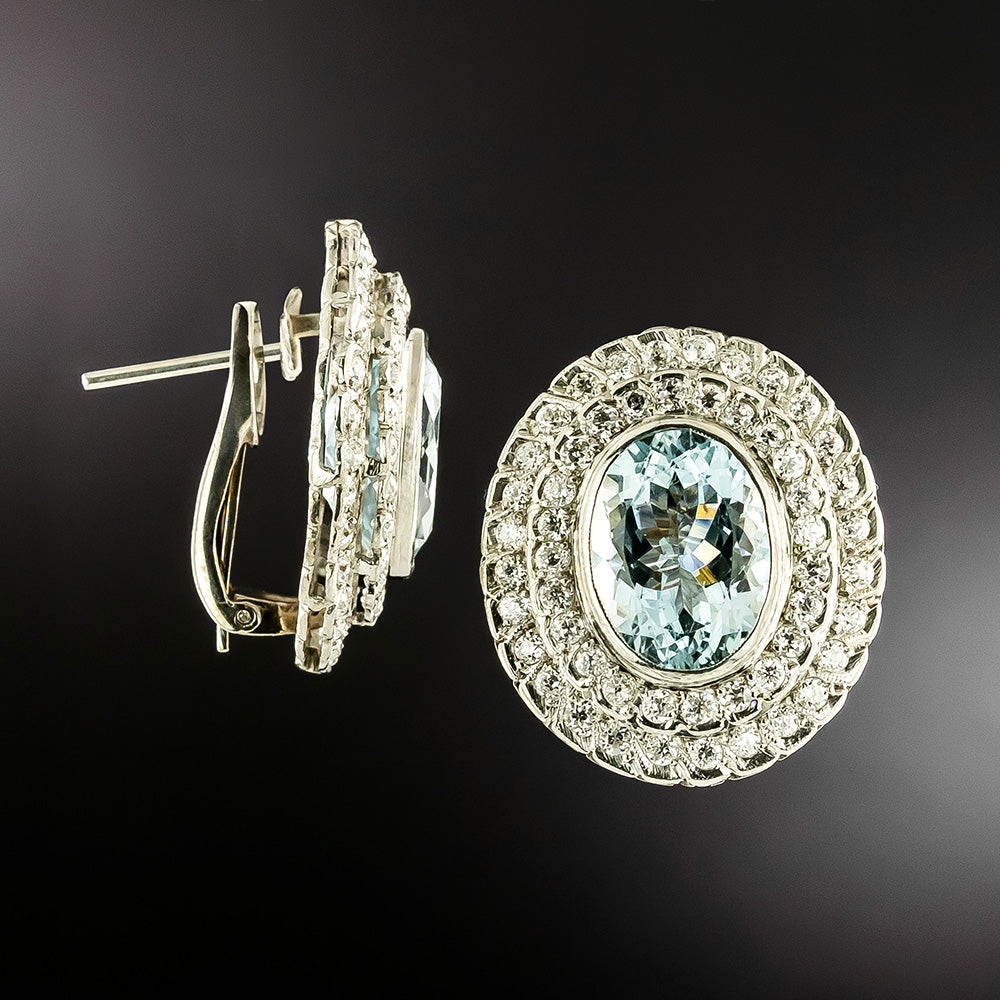 Estate Aquamarine with Double Diamond Halo Earrings  - 3