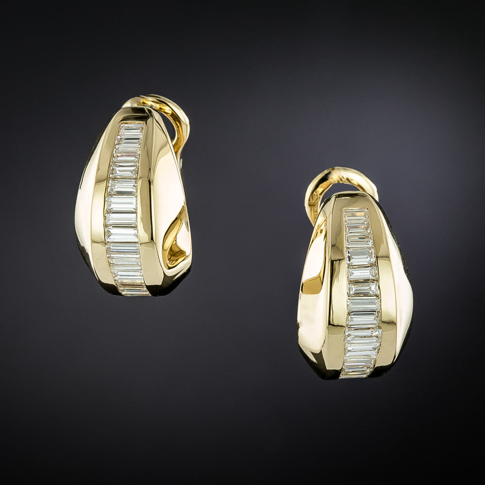 Estate Baguette Diamond Hoop Earrings, Italian - 2