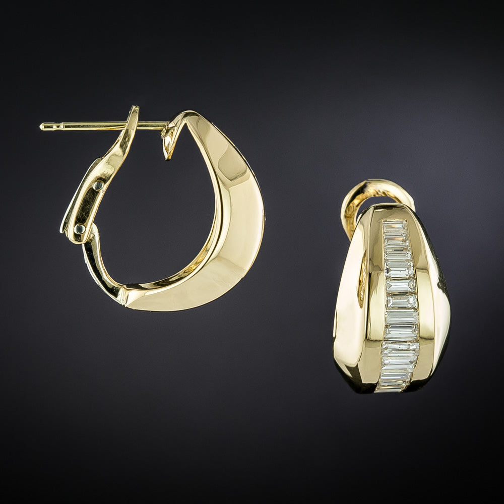 Estate Baguette Diamond Hoop Earrings, Italian - 3