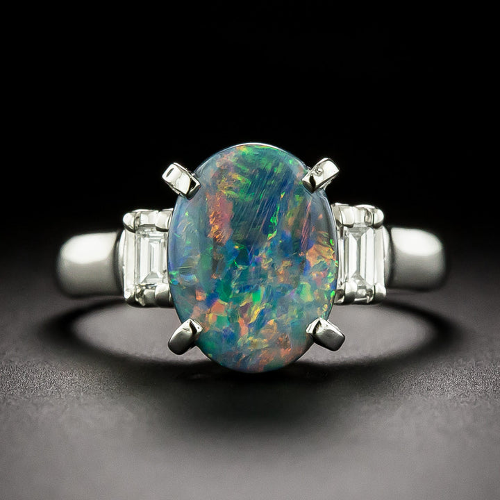 Estate Black Opal and Baguette Diamond Ring