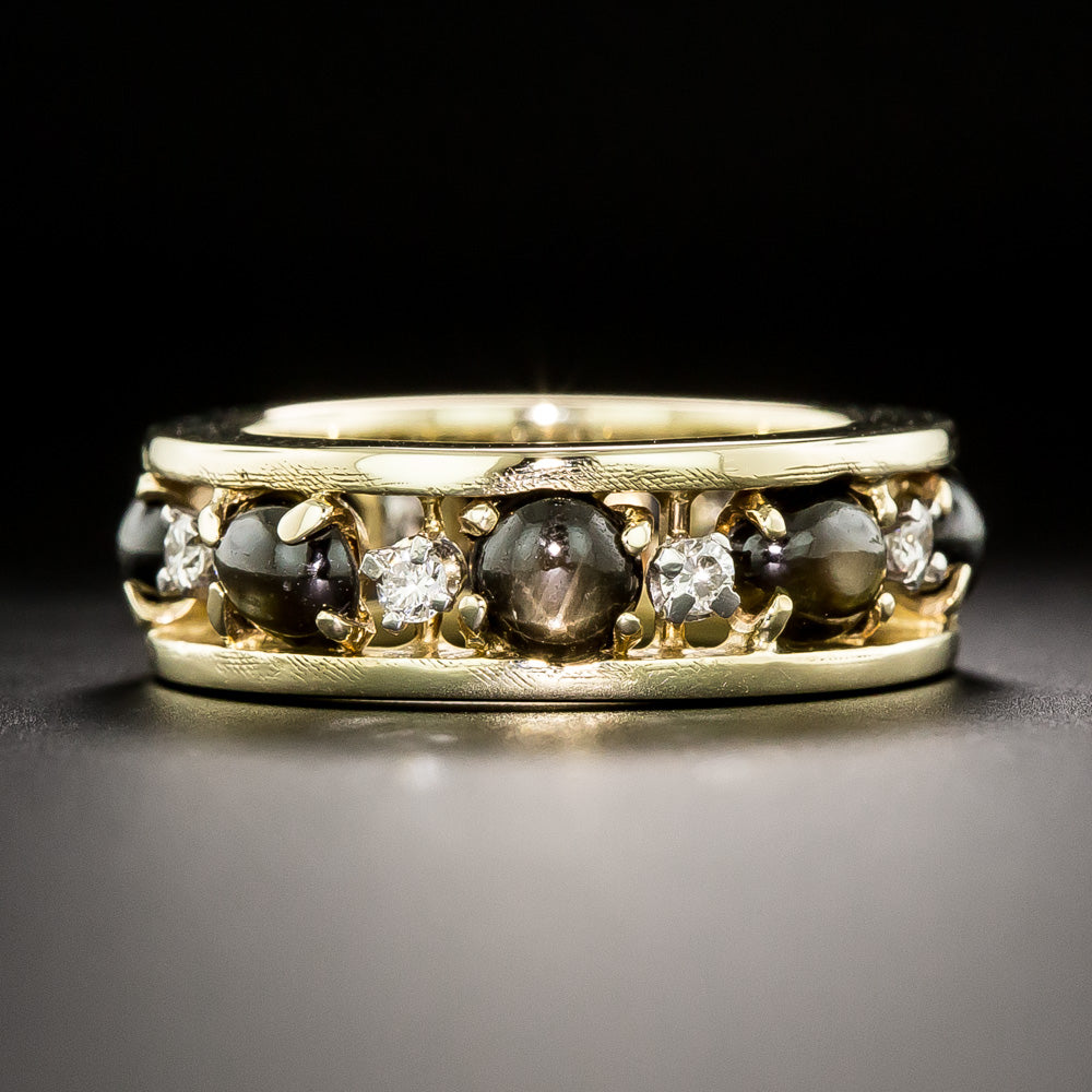 Estate Black Star Sapphire and Diamond Eternity Ring - Size 6 1/2 - 2