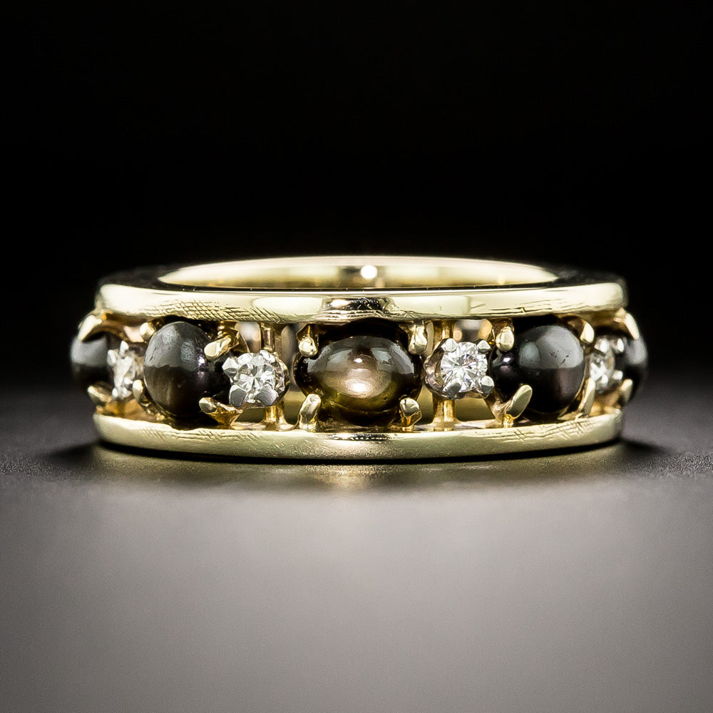 Estate Black Star Sapphire and Diamond Eternity Ring - Size 6 1/2 - 3
