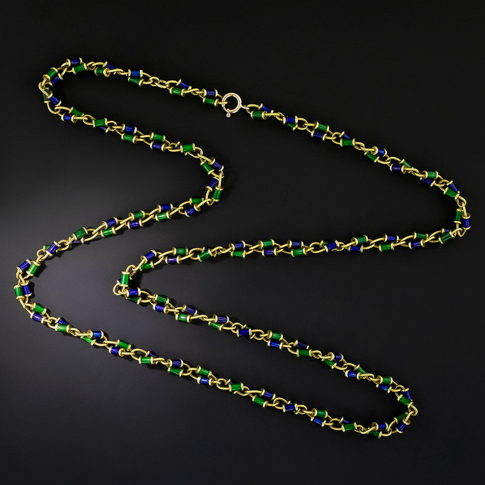 Estate Blue & Green Enamel Long Link Chain - 2
