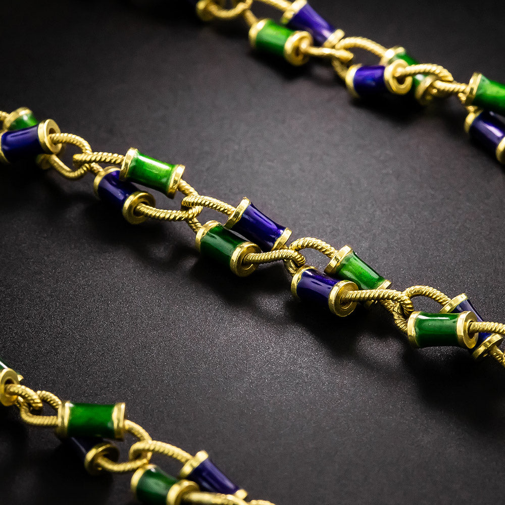 Estate Blue & Green Enamel Long Link Chain - 3