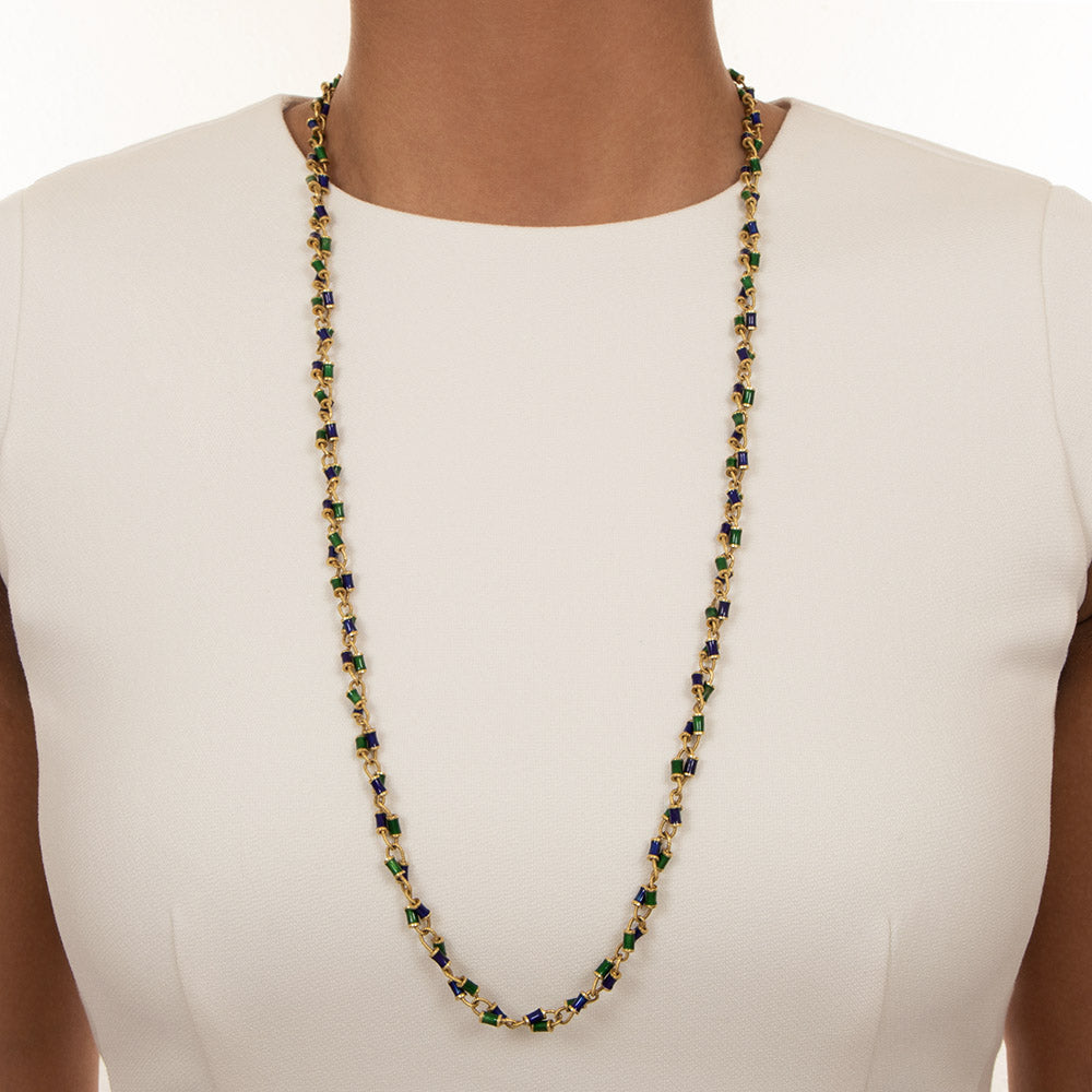 Estate Blue & Green Enamel Long Link Chain - 4