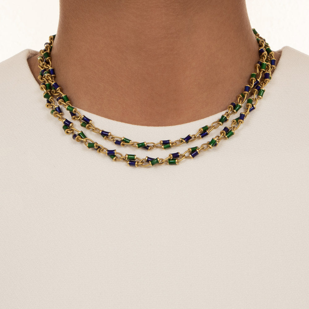 Estate Blue & Green Enamel Long Link Chain - 5