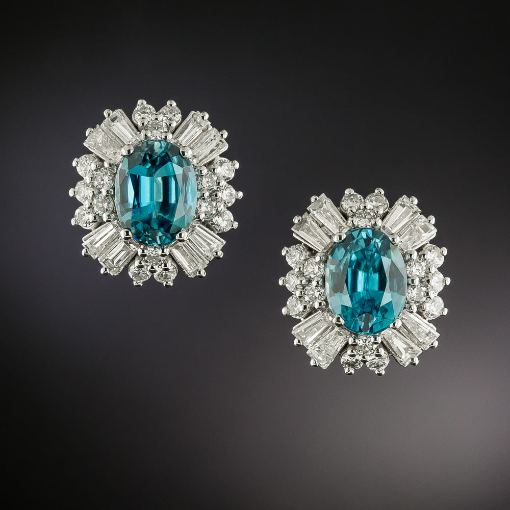 Estate Blue Zircon and Diamond Halo Earrings - 3