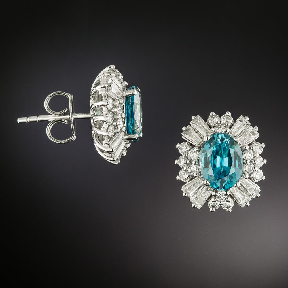 Estate Blue Zircon and Diamond Halo Earrings - 4