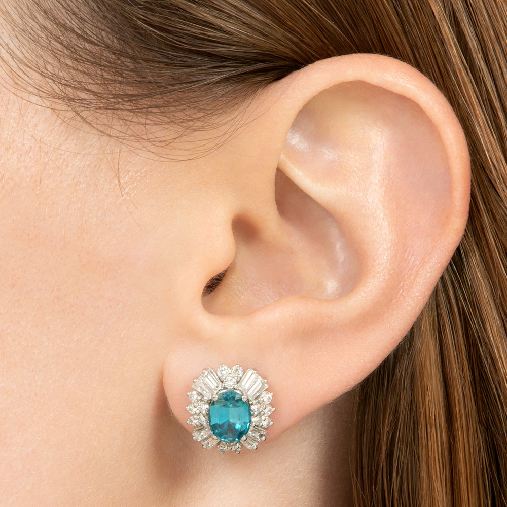 Estate Blue Zircon and Diamond Halo Earrings - 5