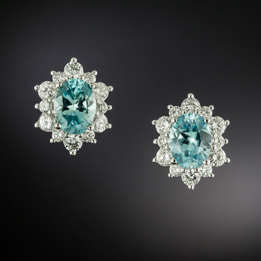 Estate Blue Zircon and Diamond Halo Earrings  - 3