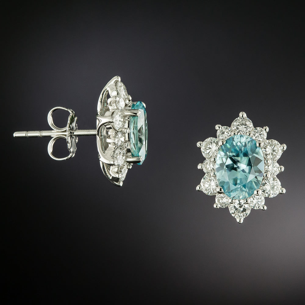 Estate Blue Zircon and Diamond Halo Earrings  - 4