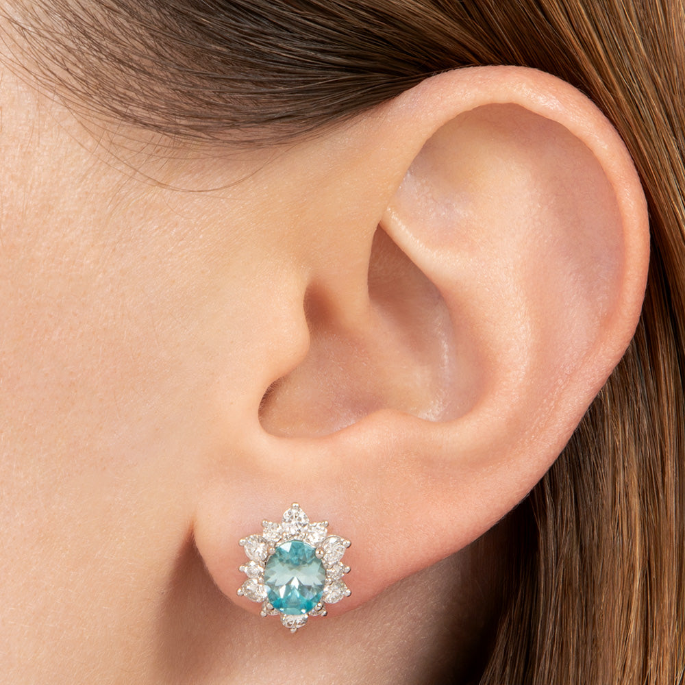 Estate Blue Zircon and Diamond Halo Earrings  - 5