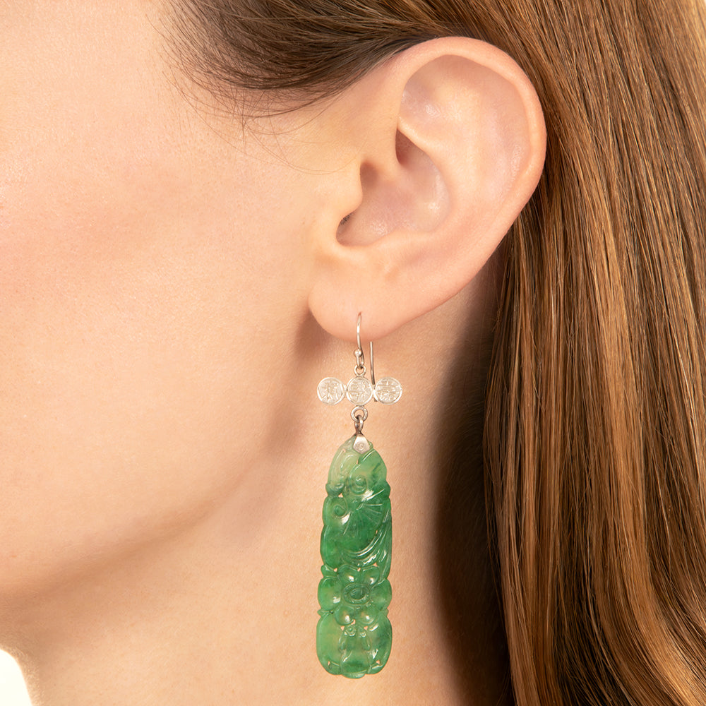 Estate Carved Jadeite Dangle Earrings - 3