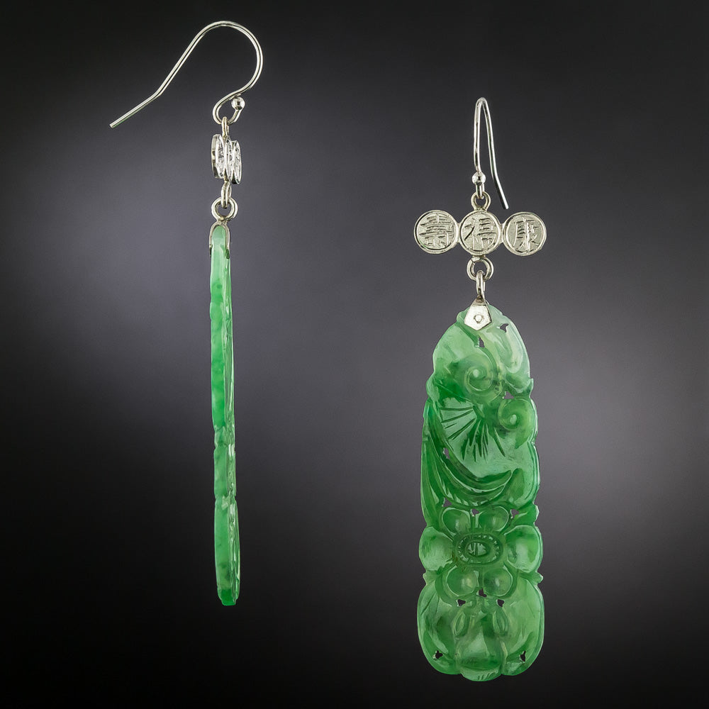 Estate Carved Jadeite Dangle Earrings - 3