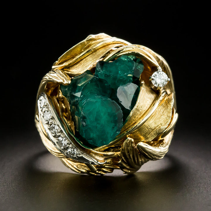 Estate Chatham Emerald Crystal and Diamond Ring