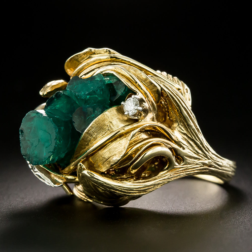 Estate Chatham Emerald Crystal and Diamond Ring - 5