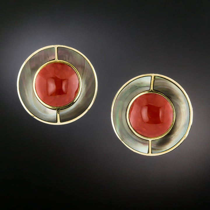 Estate Coral and Black Mother-of-Pearl Earrings