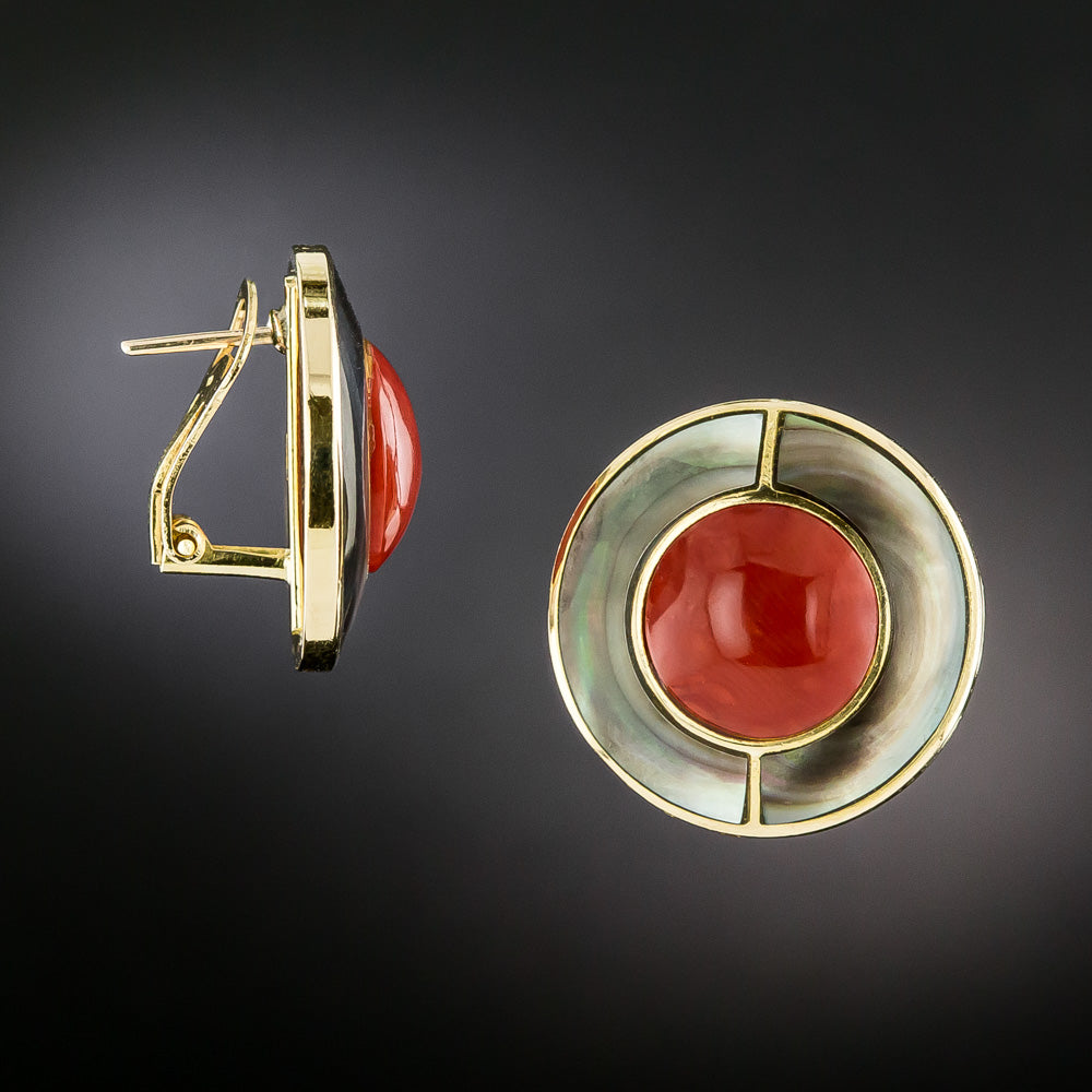 Estate Coral and Black Mother-of-Pearl Earrings - 4